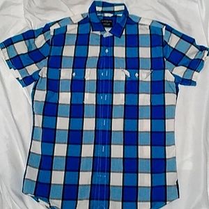 Express Mens Fitted Short Sleeve Button Up Plaid Shirt Size M 15-15.5